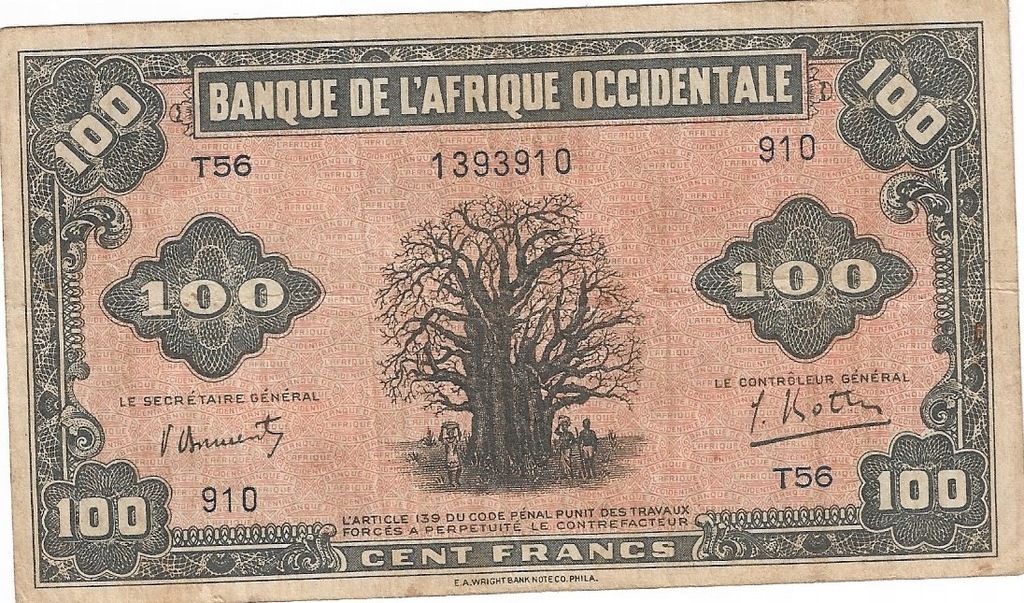 Francuska Afryka Zachodnia 100 francs 1942r. rzadszy