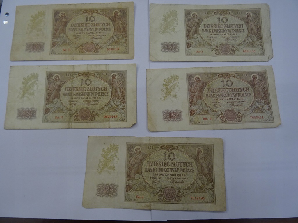 10 złotych 1940 rok - zestaw 5 banknotów