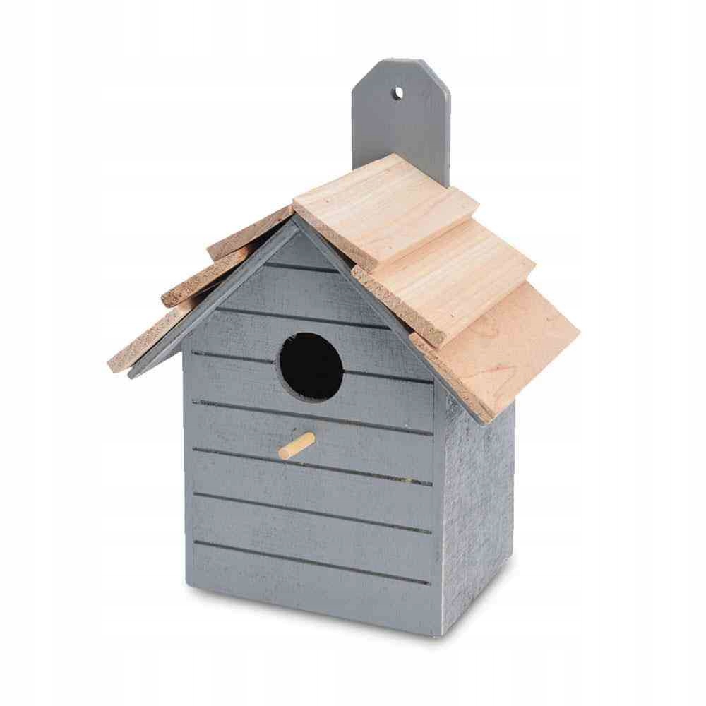 Domek dla ptaków szary dekoracyjny Wykonany z drewna, mała ozdoba jako dome