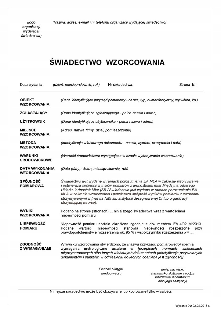 Wzorcowanie temperatury bez akredytacji - świadectwo wzorcowania termometru