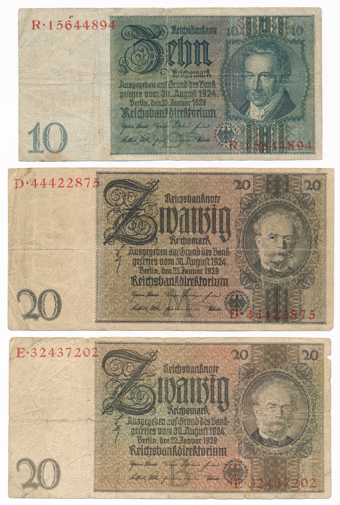Niemcy, 10 i 20 marek 1929, Zestaw 3 sztuki