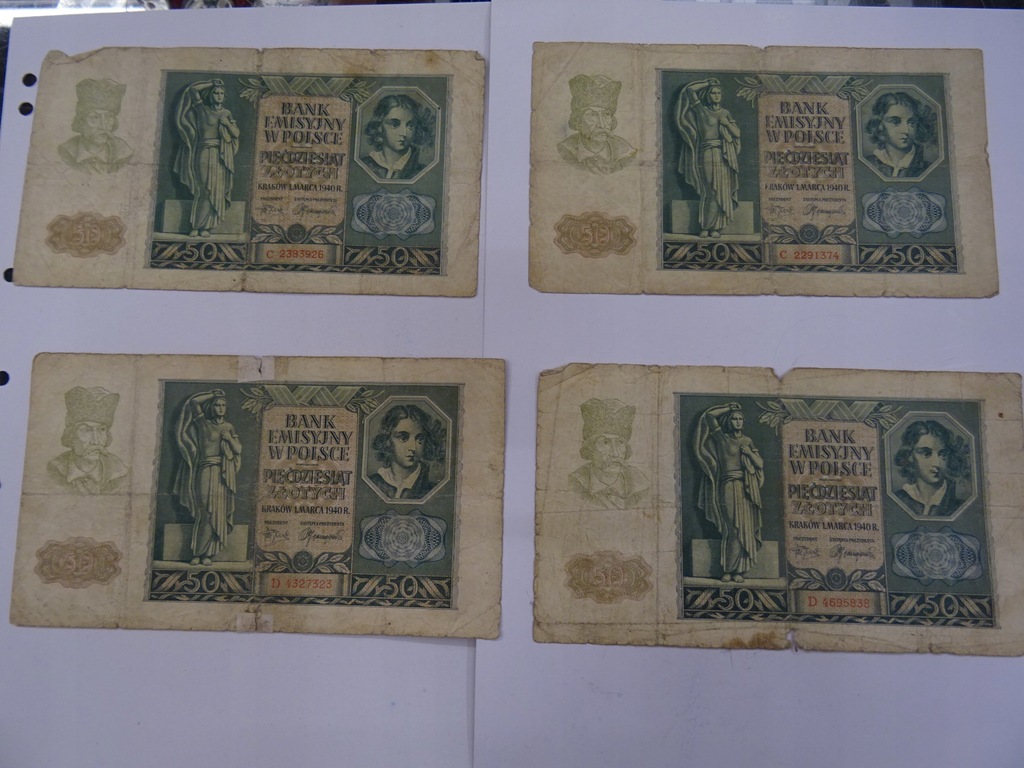 50 złotych 1940 rok zestaw 4 banknotów - rzadkie banknoty !!!