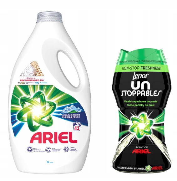 ARIEL SPRING ŻEL BIALE 43P 2,15L + LENOR PEREŁKI ZAPACHOWE ARIEL 140g