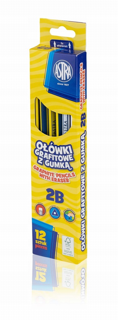 Ołówki grafitowe Astra z gumką 2B box 12 sztuk