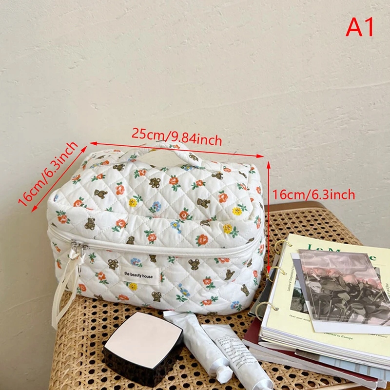 Ins Cosmetic Bag Large Bear Flower Quilted Cotton Case Pouch Zipper Design