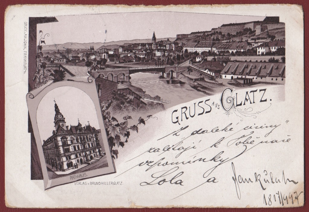 Kłodzko ratusz widok ogólny Glatz Gruss litografia Hiller John obieg 1897 r