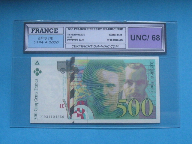 Francja Banknot 500 Francs 1995 Wysoka Nota UNC / 68 ! P-160 Skłodowska