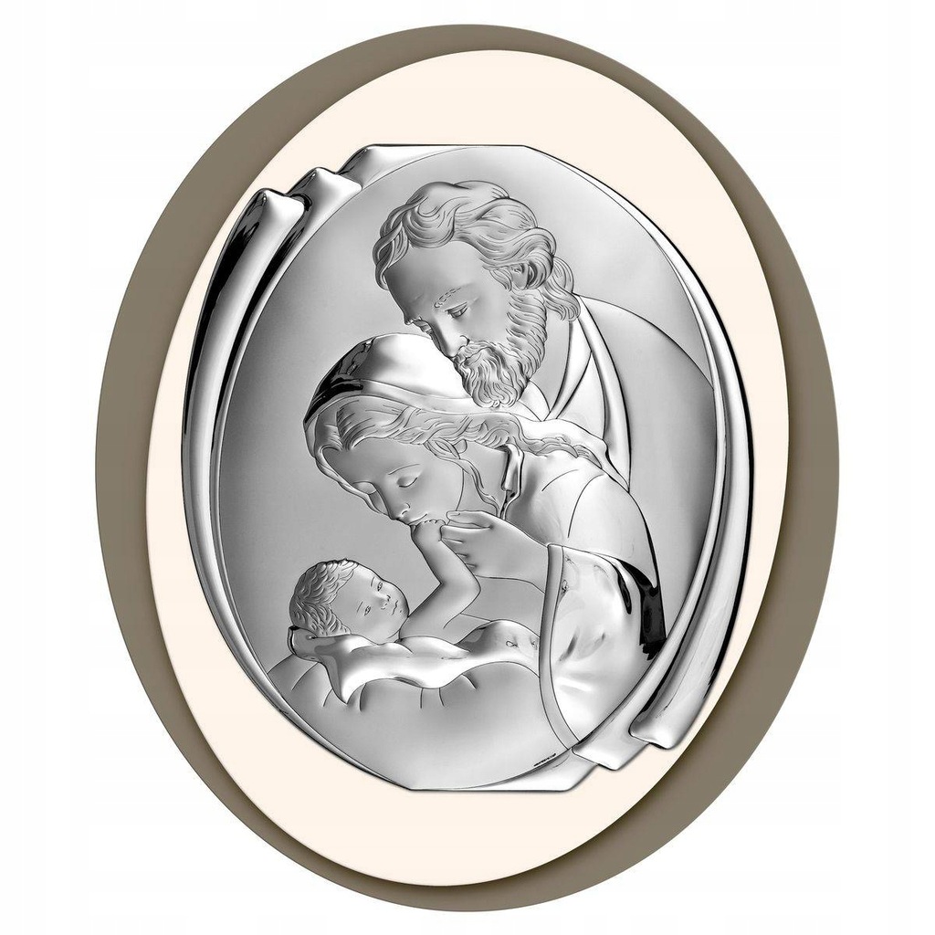 Obraz Świętej Rodziny srebrny owalny pionowy w oprawie 17x14.2 cm
