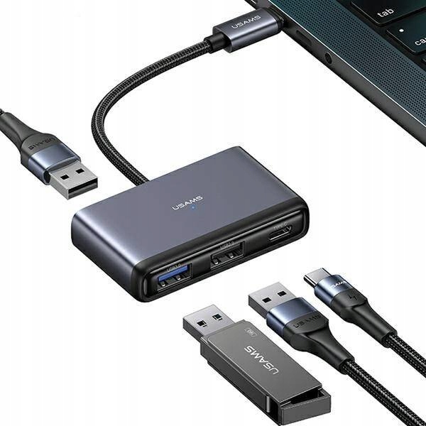 USAMS Adapter HUB 4w1 2xUSB 2.0/USB 3.0/ USB-C szary/dark grey SJ627HUB01 (