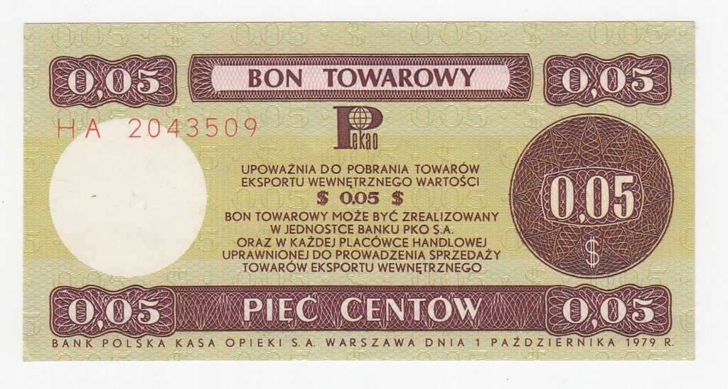 Bon Pewex 5 centów 1979, UNC-