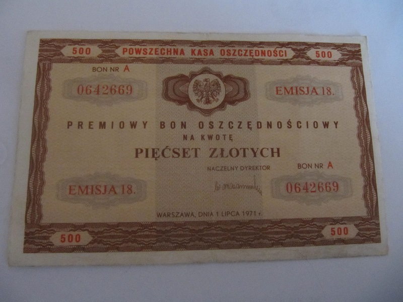 PREMIOWY BON OSZCZĘDNOŚCIOWY PKO 500zł PRL 1971
