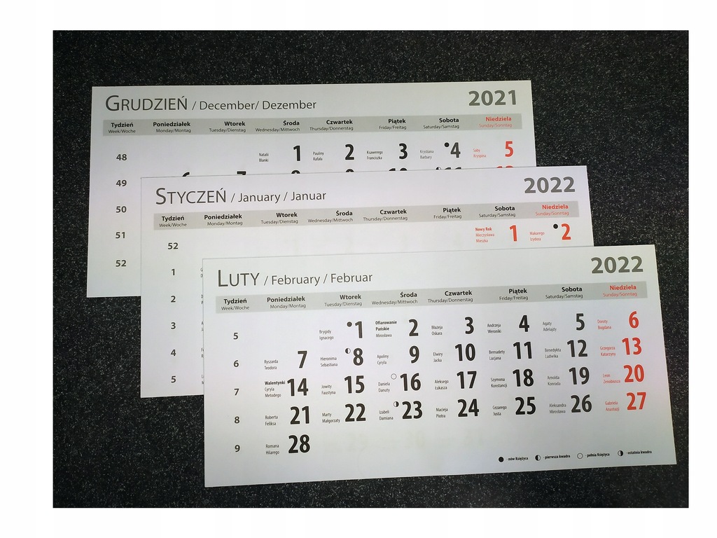 Kalendaria do kalendarzy trójdzielnych 2022