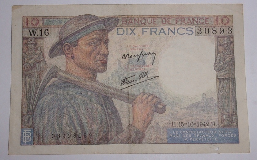 10 franków - Francja - dix francs France - stary banknot 15.10.1942 rok