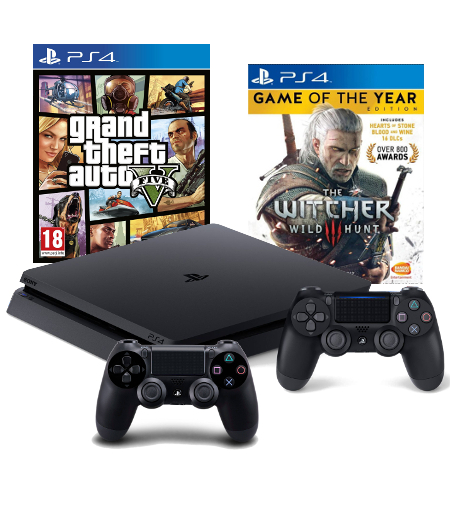 PS4 KONSOLA SLIM 1TB+2x PAD+GTA V+WIEDŹMIN 3 GOTY