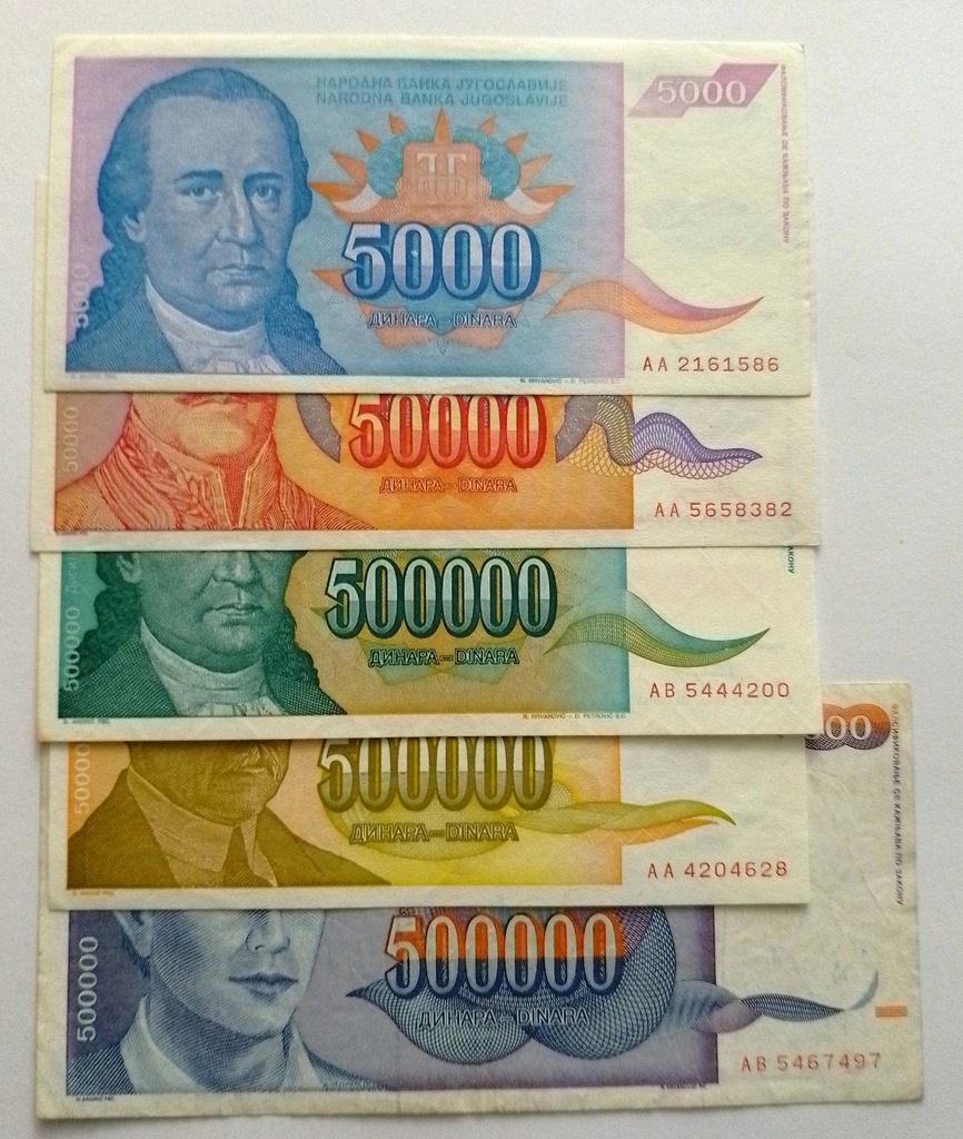 Jugosławia zestaw banknotów 5 sztuk