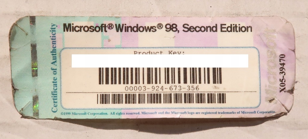Naklejka Windows 98 Second Edition klucz