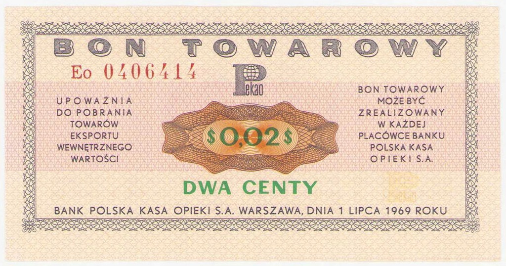 Bon towarowy PEKAO na 2 centy 1969 seria Eo