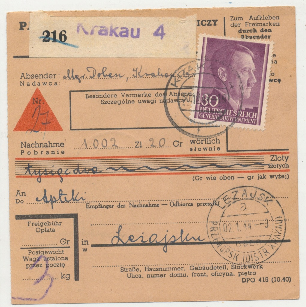 GG - Skart Paketkarte Kraków 4 1944. (826)