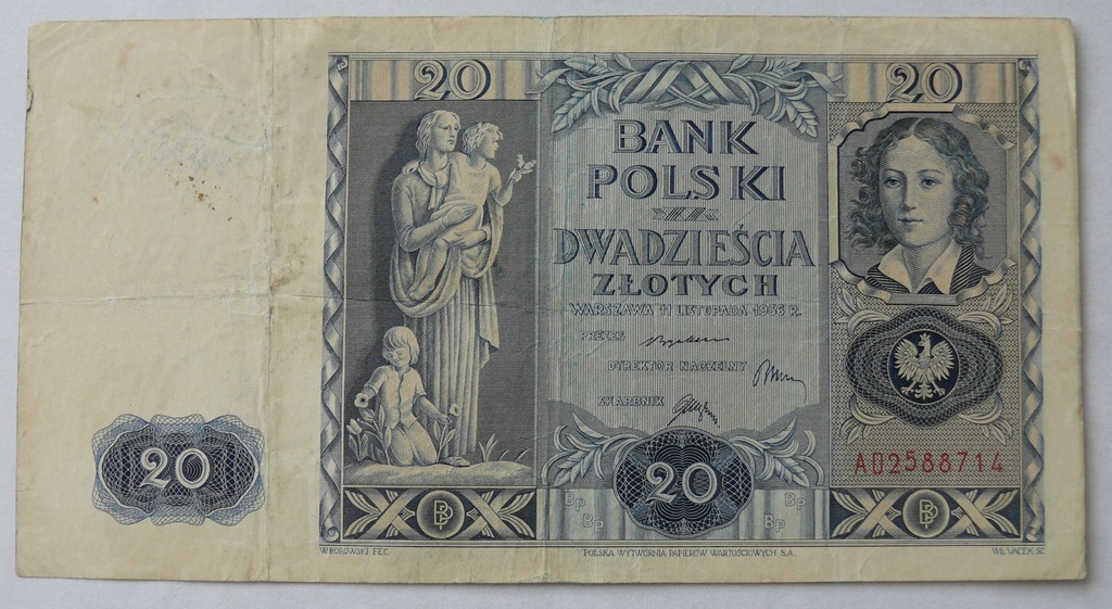 Banknot 20 zł 1936 r. Ser. AD