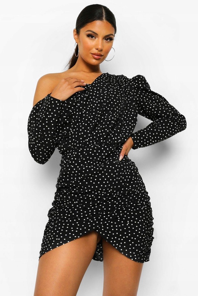 BOOHOO SUKIENKA ASYMETRYCZNA W GROSZKI 42 XL XAB