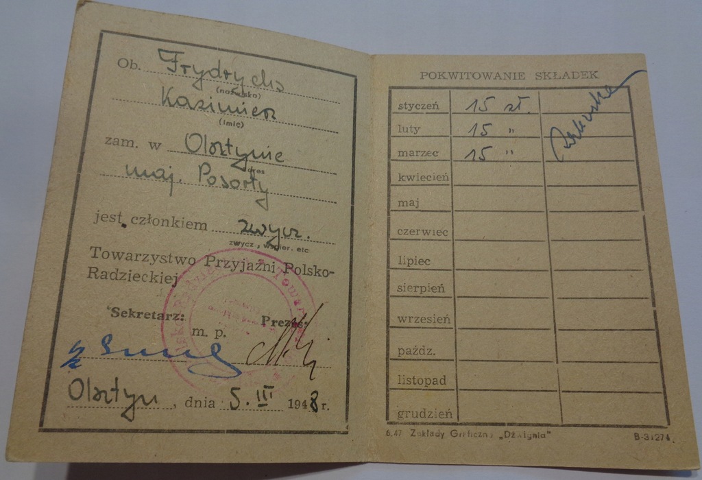 LEGITYMACJA TPPR OLSZTYN 1948