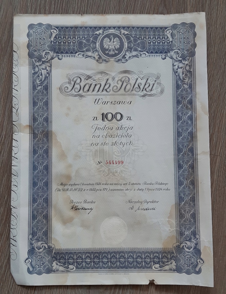 Akcja Bank Polski 100 złotych 1934 rok Kupony /99