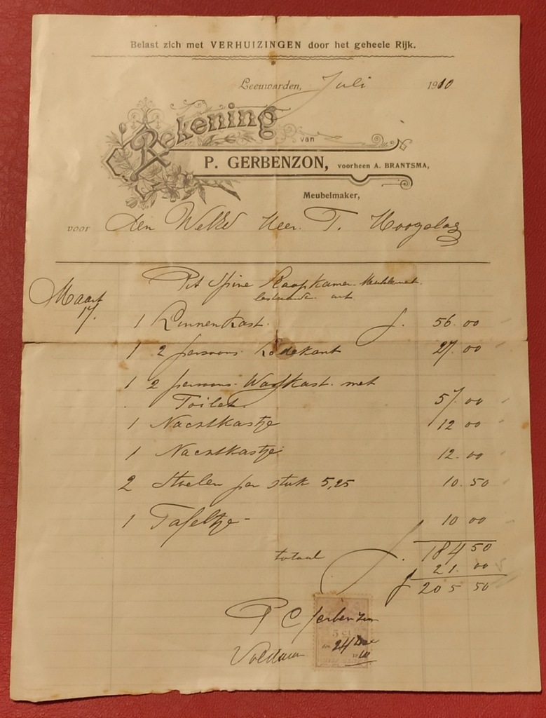 Rachunek 1910 rok Rekening P. Gerbenzon Leeuwarden