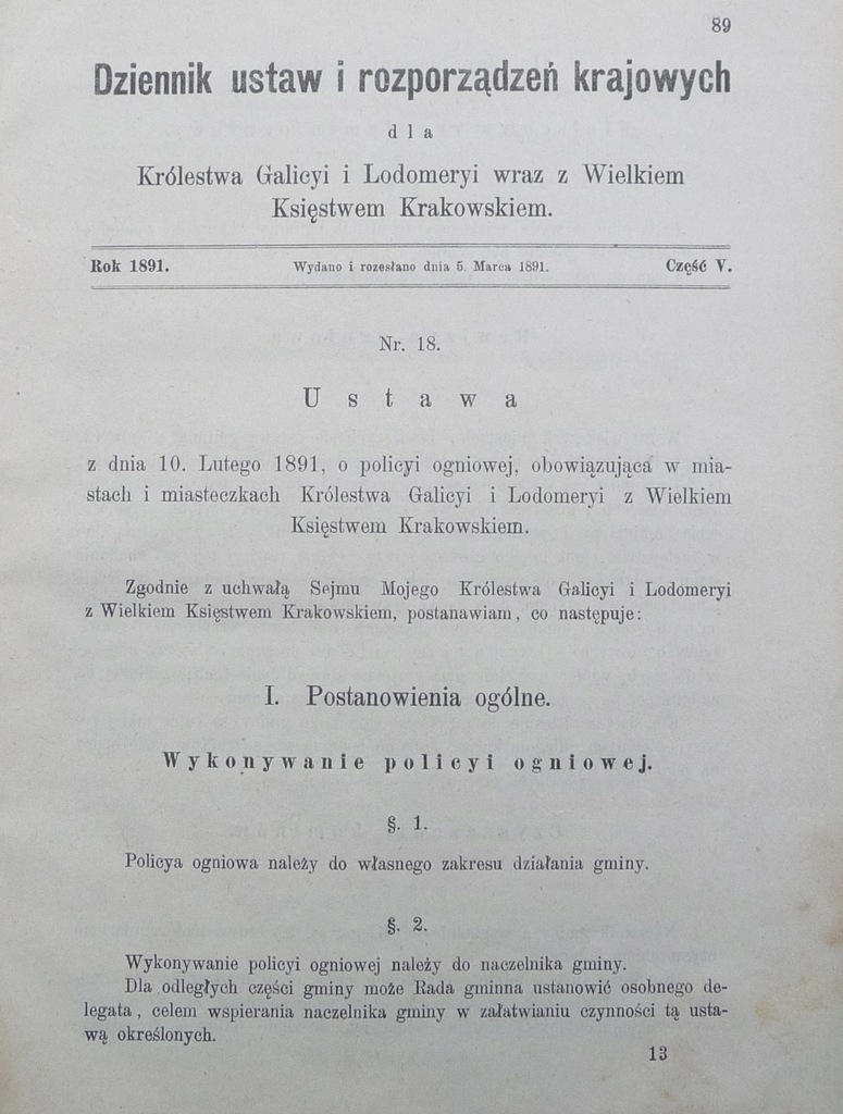 USTAWA O POLICYI OGNIOWEJ 1891