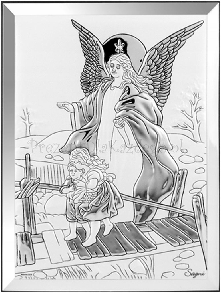 Srebrny obrazek Anioł Stróż kładka Pamiątka Chrztu