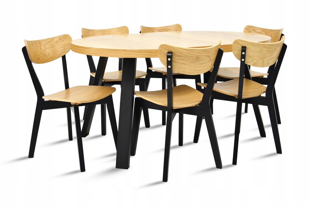 Okrągły stół dąb 100x100/200 6 krzeseł drewno