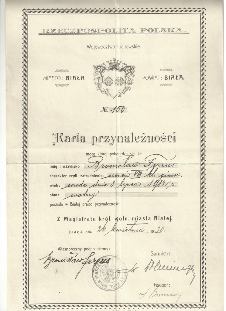 Karta przynależności nr 150 - miasto Biała 1930