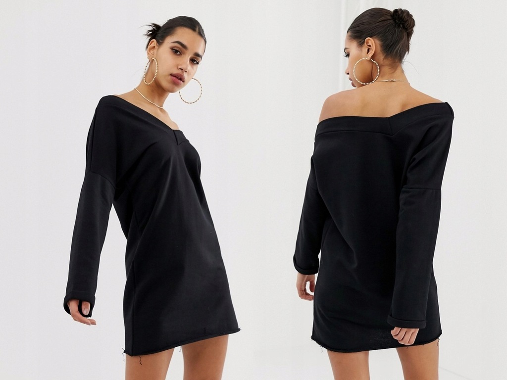 czarna luźna sukienka bluza odkryte ramię XS