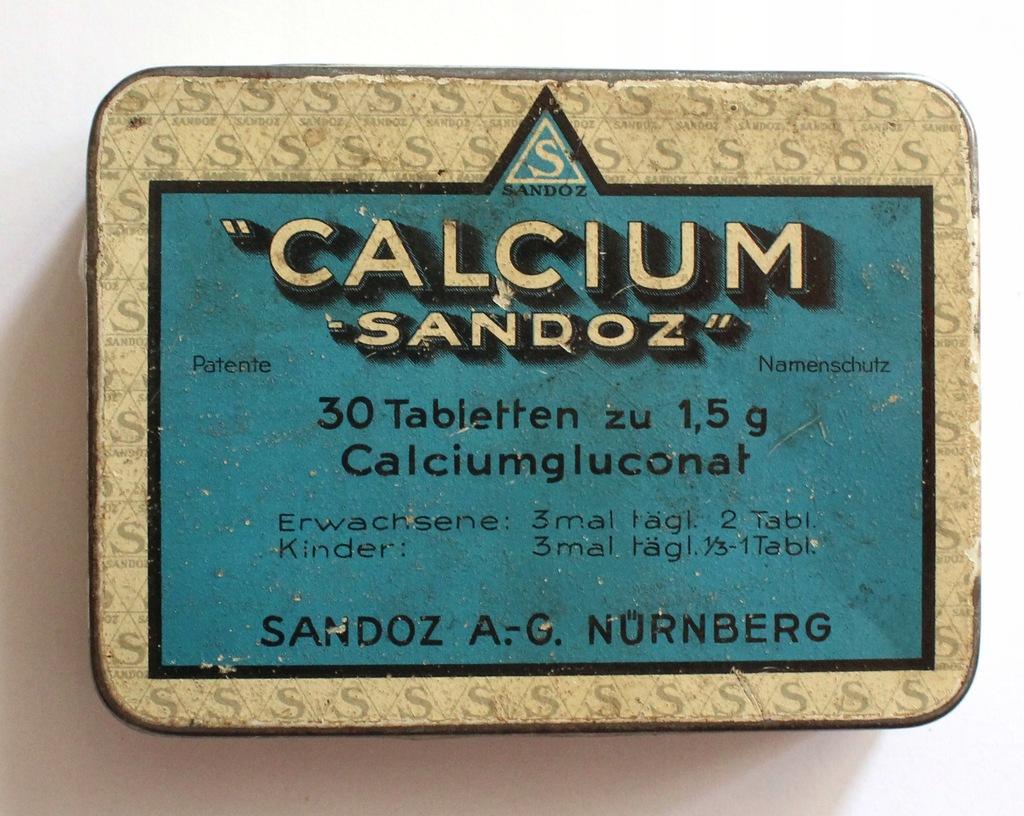 Stara niemiecka puszka Sandoz calcium wapń