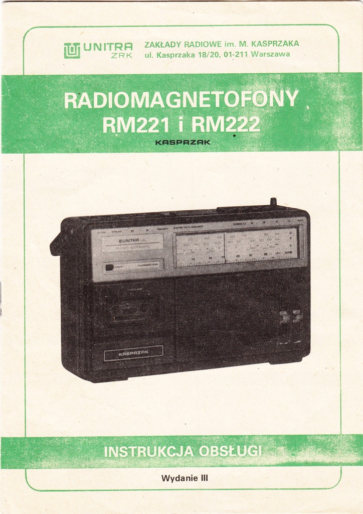 INSTRUKCJA OBSŁUGI RADIOMAGNETOFONY RM 221 I RM 222 KASPRZAK