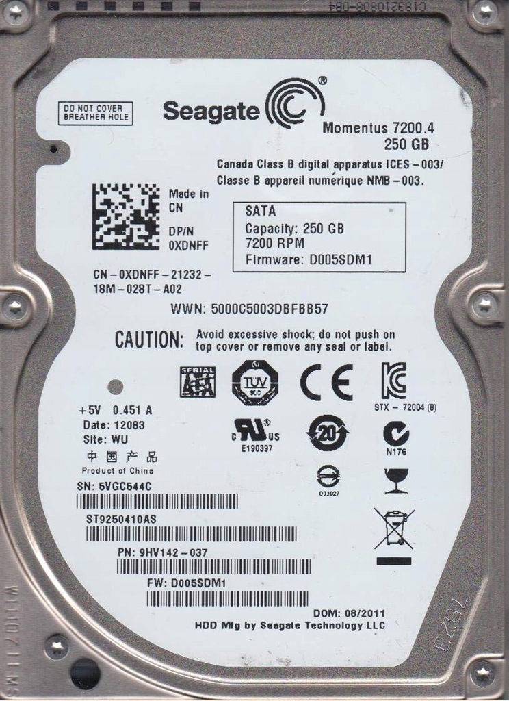250GB SATA II HDD SEAGATE ST9250410AS 16MB 2,5''