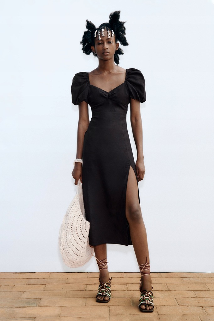 Saraです。 ZARA czarna sukienka midi len S - 13445137153 - oficjalne