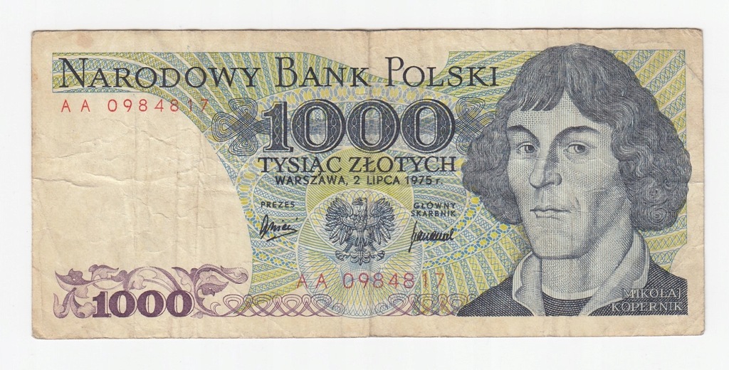 Banknot 1000 zł 1975, seria AA, bardzo rzadki