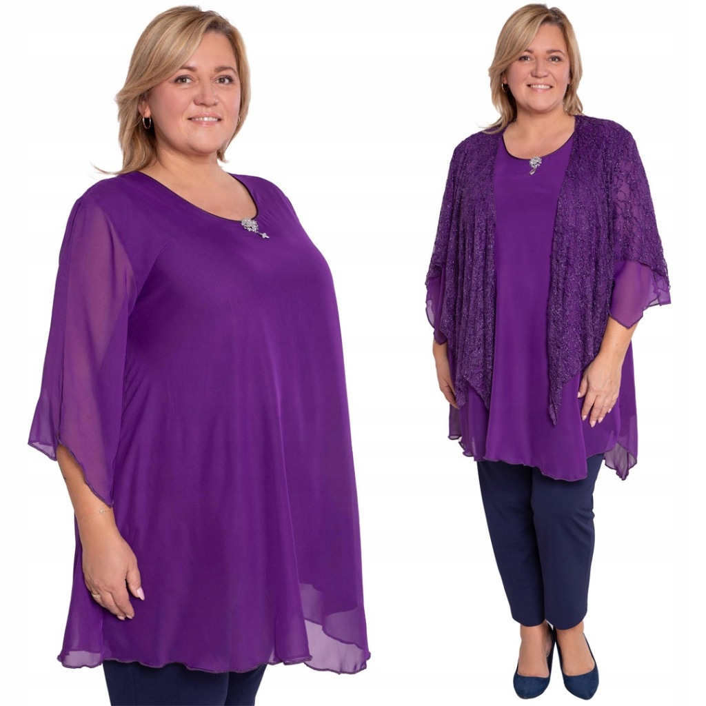 Fioletowa szyfonowa tunika z broszką 60/62