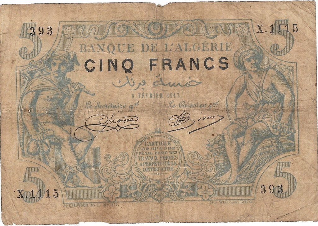 Algieria 5 francs 1917r rzadki