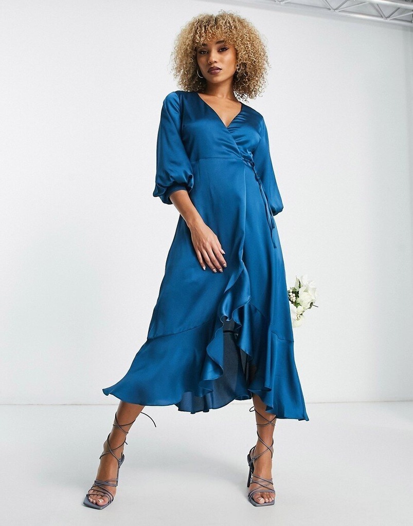 Liquorish Bridesmaid Satynowa kopertowa sukienka midi z bufkami XS