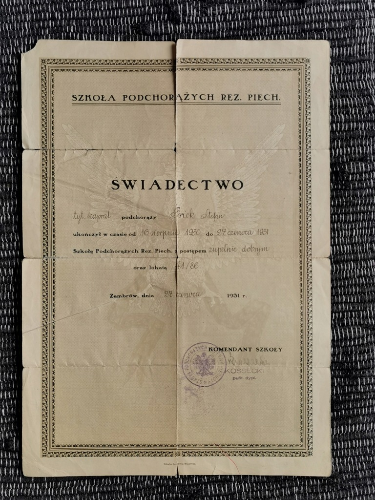 Zambrów 1931 Świadectwo Szkoła Podchorążych Rez. Piech.