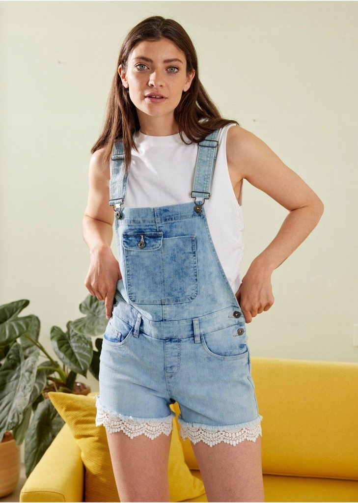 OGRODNICZKI KRÓTKIE JEANSOWE NIEBIESKIE Z KORONKĄ 1Y0F34 Bonprix 34