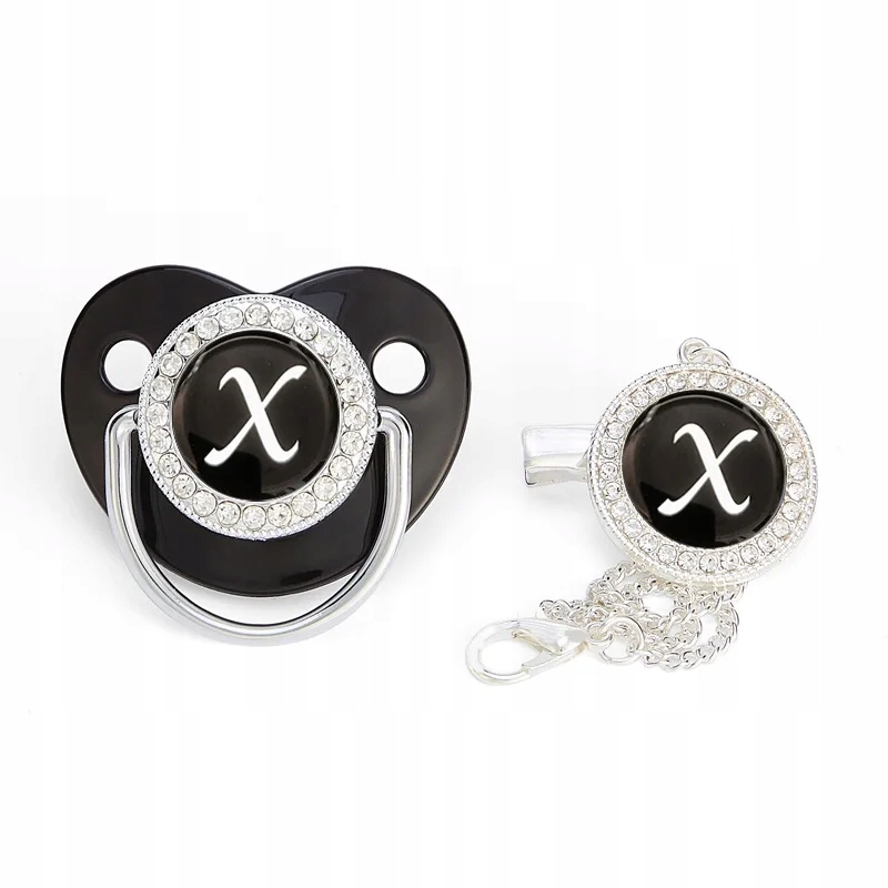26 Letter Luxury Bling Baby Pacifier with Clip Chain Infant Pacifier Black