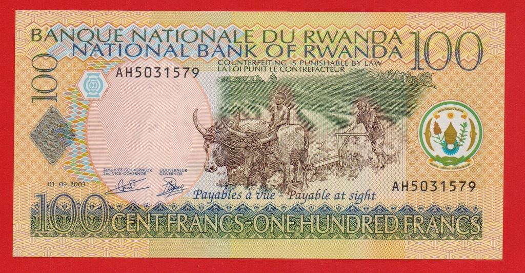 Rwanda 100 francs 2003 rok seria AH stan 1 UNC
