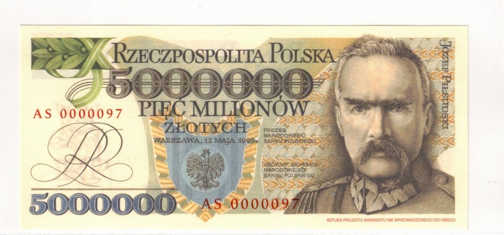 5 000 000 zł 1995 Piłsudski - seria AS 0000097 NISKI NR