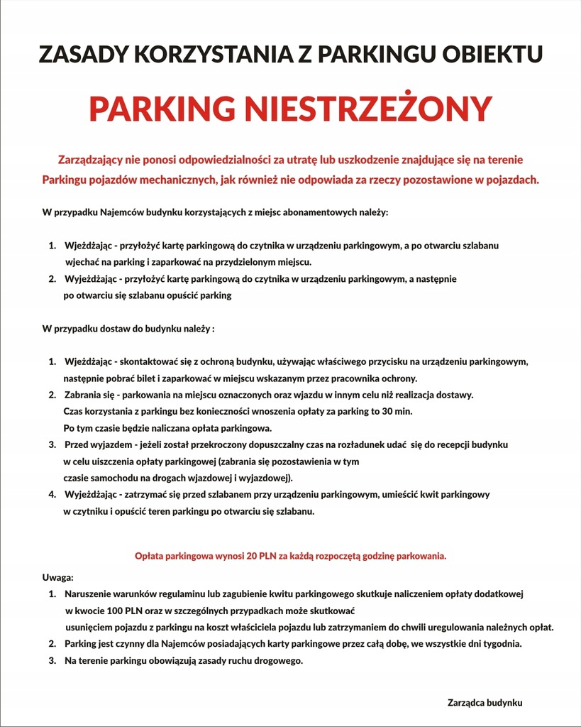 TABLICA - ZASADY KORZYSTANIA Z PARKINGU