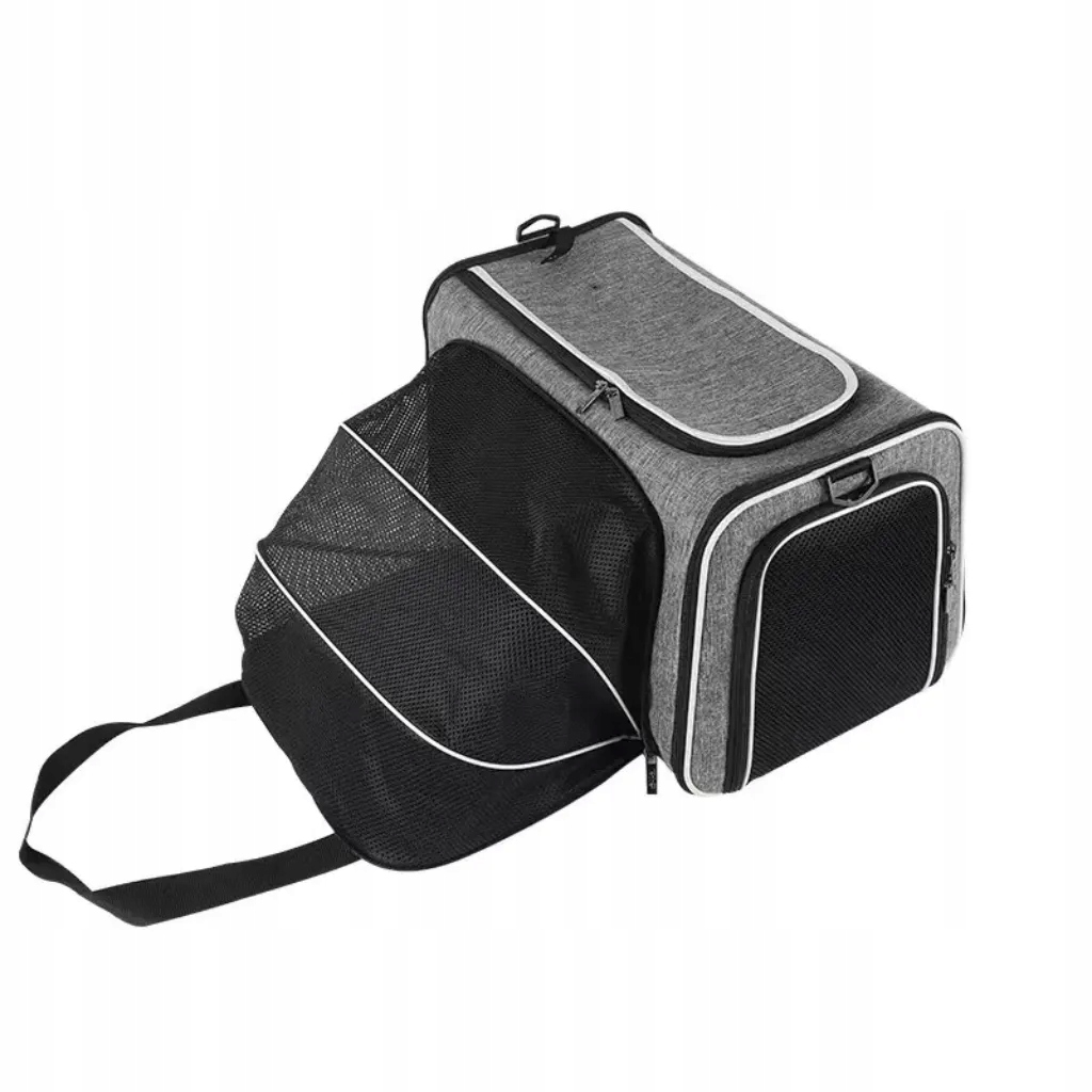 Foldable pet carrier bag with one side extension function, grey