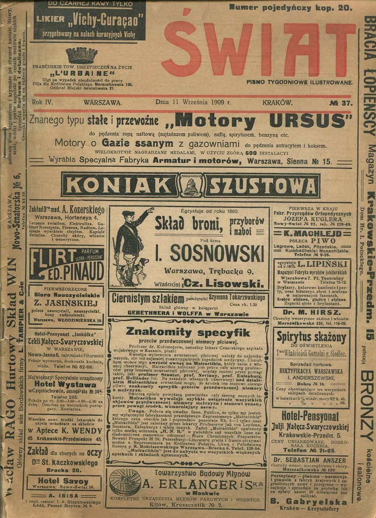 ŚWIAT 37/1909 reklamy okultyzm secesja przemysł