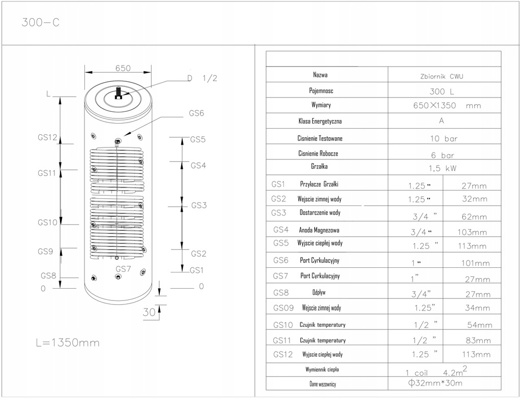 BOJLER 300L STAL NIERDZEWNA Z WĘŻOWNICĄ 4.2M²