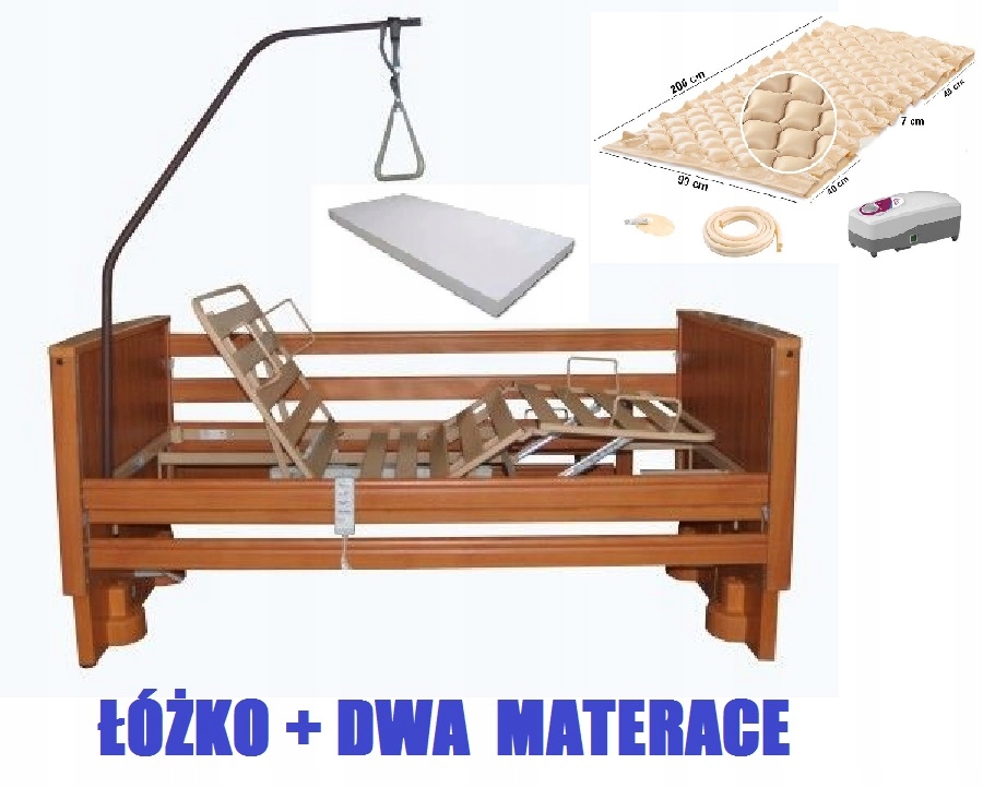 Łóżko NA KOŁACH elektryczne dla seniora + wysięgnik + 2 NOWE MATERACE